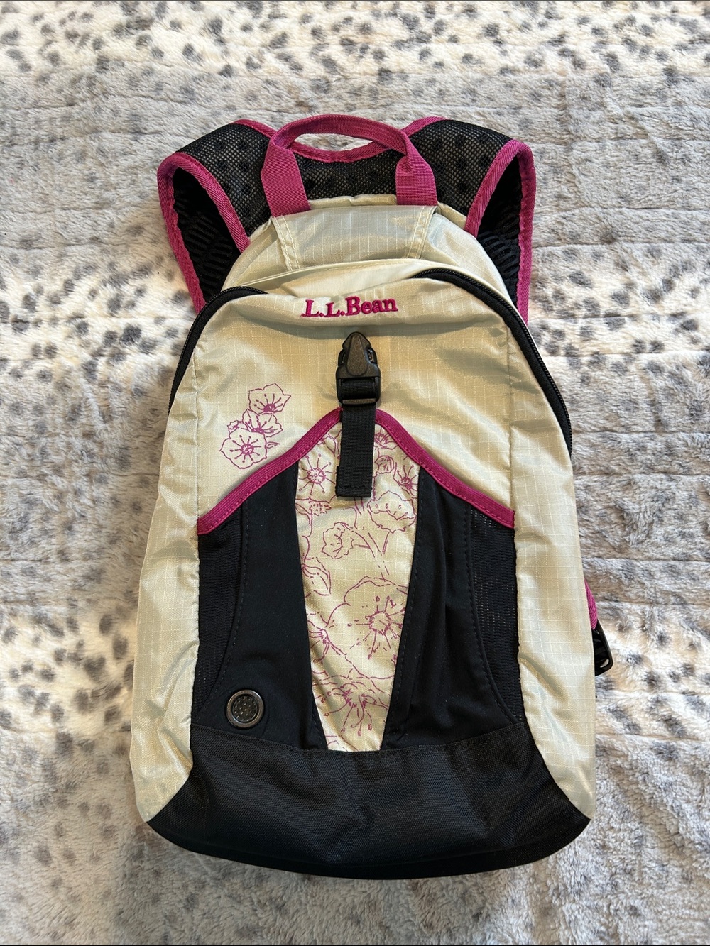 L.L.Bean Cream, Black & Pink Floral Accent Daypack